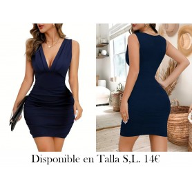 Vestido ajustado de cuello en V de color sólido VESTIDO AZUL