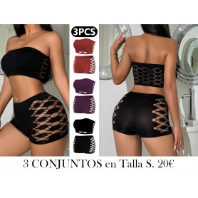Conjunto de Sujetador Hueco Geométrico de Tres Piezas 3 CONJUNTOS LENCERIA NEGRA VINO MORADA
