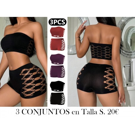 Conjunto de Sujetador Hueco Geométrico de Tres Piezas 3 CONJUNTOS LENCERIA NEGRA VINO MORADA