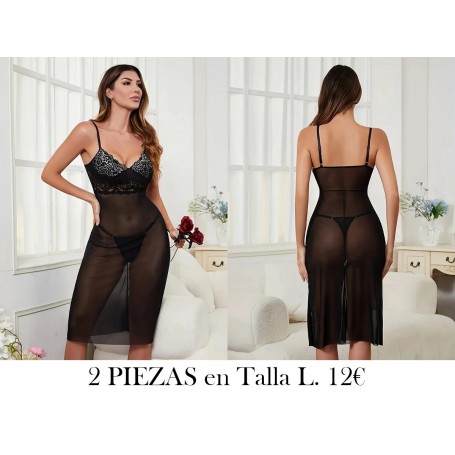 Camisón Sexy de Dos Piezas con Encaje y Malla LENCERIA NEGRA