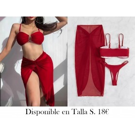 Conjunto De Bikini De 3 Piezas De Color Sólido LENCERIA ROJA VINO