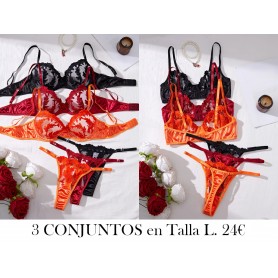 Conjunto de Ropa Sexy con Bordado de Flores 3 CONJUNTOS LENCERIA COLORES
