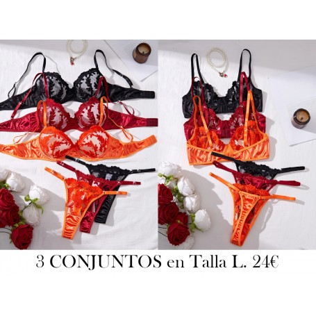 Conjunto de Ropa Sexy con Bordado de Flores 3 CONJUNTOS LENCERIA COLORES
