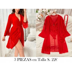 3 piezas Conjunto de ropa de dormir LENCERIA ROJA BATA ROJA