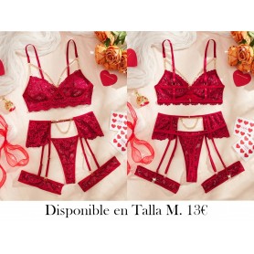 Juego de 5 piezas de Bralette de Encaje Floral LENCERIA FUSCIA LENCERIA VINO