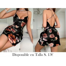 Vestido de satén con estampado floral PIJAMA NEGRA LENCERIA NEGRA