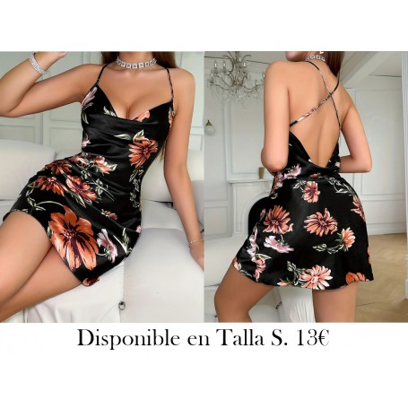 Vestido de satén con estampado floral PIJAMA NEGRA LENCERIA NEGRA