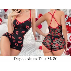 Camisón Elegante de Mujer con Escote en V PIJAMA NEGRA BESOS ROJOS