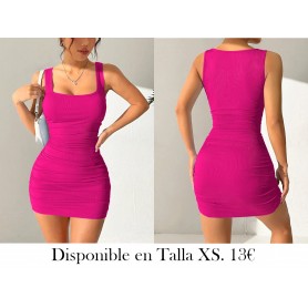 Vestido Sexy de Cuello Cuadrado Europeo y Americano VESTIDO FUSCIA