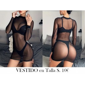 Vestido Ajustado de Manga Larga y Malla Negra MALLA NEGRA