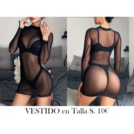 Vestido Ajustado de Manga Larga y Malla Negra MALLA NEGRA