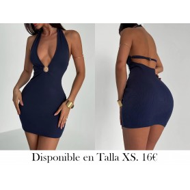 Vestido mini con cuello en V y detalles de atadura VESTIDO AZUL