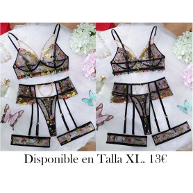 5piezas Conjunto de lencería de malla bordada LENCERIA NEGRA
