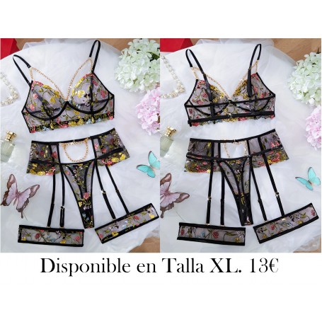 5piezas Conjunto de lencería de malla bordada LENCERIA NEGRA