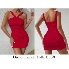 Vestido ajustado con cuello en V y volantes VESTIDO ROJO