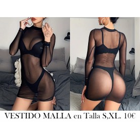 Vestido Ajustado de Manga Larga y Malla Negra MALLA NEGRA