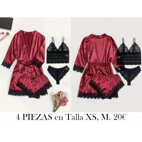 Conjunto de pijama sexy de encaje y satén BATA VINO