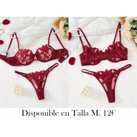 Conjunto de ropa interior femenina sexy de encaje con flores LENCERIA VINO