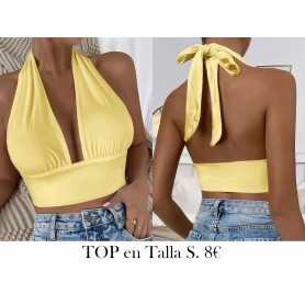 Top corto halter con cuello en V sólido AMARILLO