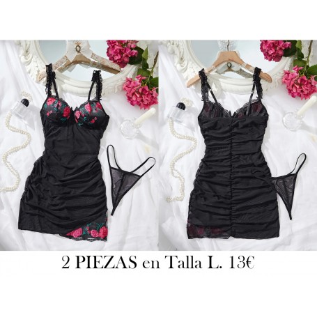 Vestido camisola ajustado sexy para mujer (incluye tanga) LENCERIA NEGRA 2 PIEZAS