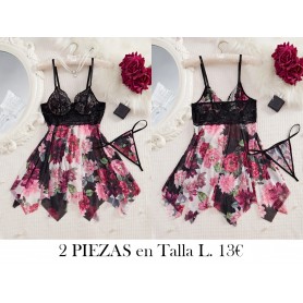 Body Sexy para Mujer con Tanga Incluida LENCERIA NEGRA FLORES 2 PIEZAS