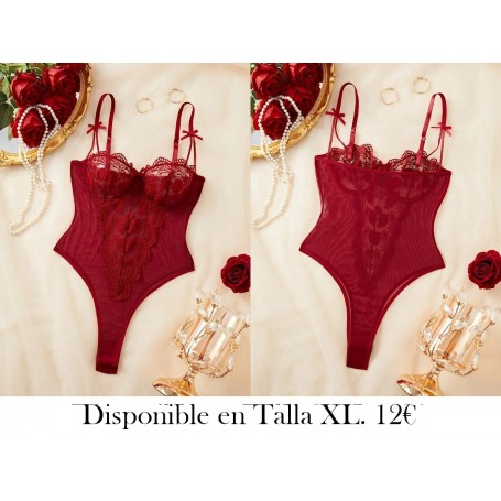 Body de Encaje Bordado con Flores en Rojo LENCERIA VINO BODY VINO