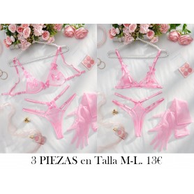 Conjunto de Lencería Nuevo y Lindo con Bordado LENCERIA ROSA CON GUANTES