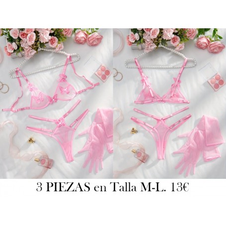 Conjunto de Lencería Nuevo y Lindo con Bordado LENCERIA ROSA CON GUANTES
