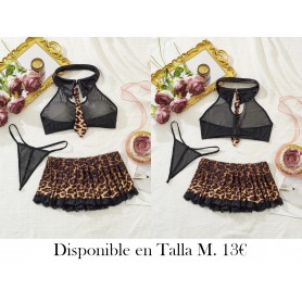 Conjunto de Tres Piezas con Estampado de Leopardo CONJUNTO LENCERIA NEGRA LEOPARDO 3 PIEZAS