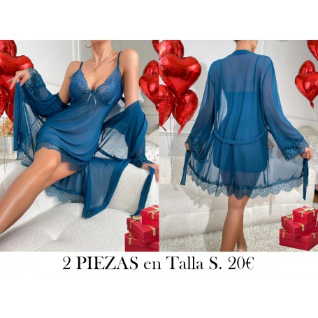 Camisón de Noche Elegante LENCERIA AZUL BATA AZUL 2 PIEZAS
