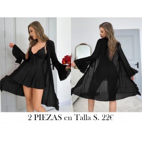 Conjunto de pijama de malla semi-transparente LENCERIA NEGRA BATA NEGRA 2 PIEZAS
