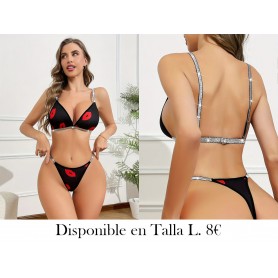 Conjunto de Ropa Interior Bikini con Labios Rojos CONJUNTO LENCERIA NEGRA BESOS ROJOS