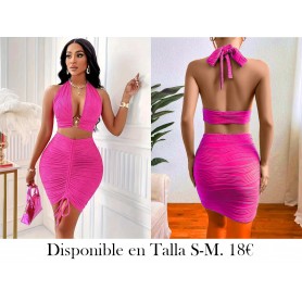 Conjunto de Falda Midi con Cuello Halter Fruncido CONJUNTO FUSCIA