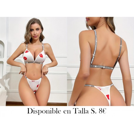 Conjunto de Ropa Interior Bikini con Labios Rojos CONJUNTO LENCERIA BLANCA BESOS ROJOS
