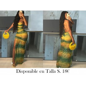 2024 Verano Nueva Moda Mujer de Europa y América VESTIDO LARGO VERDE Y AMARILLO