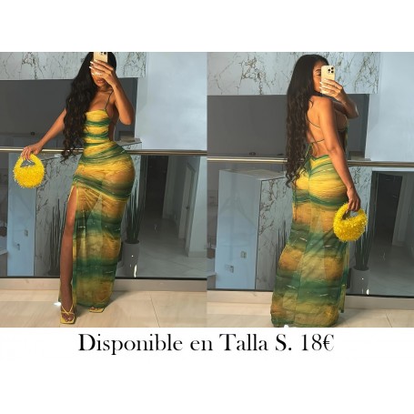 2024 Verano Nueva Moda Mujer de Europa y América VESTIDO LARGO VERDE Y AMARILLO