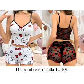 Conjunto de pijama ajustado y sexy PIJAMA CORTA CORAZONES BLANCA Y NEGRA