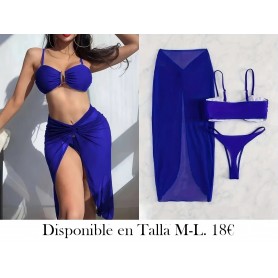 Conjunto De Bikini De 3 Piezas De Color Sólido LENCERIA AZUL