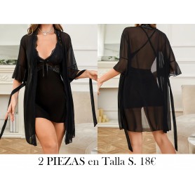 Vestido de Dormir con Encaje BATA NEGRA 2 PIEZAS