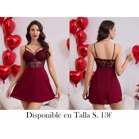 Camisón Sexy de Encaje con Contraste VESTIDO LENCERIA VINO MORADA