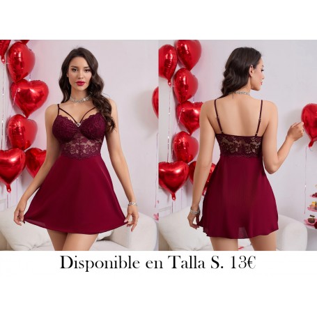 Camisón Sexy de Encaje con Contraste VESTIDO LENCERIA VINO MORADA