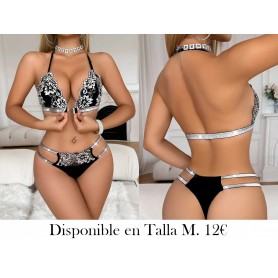 Conjunto de Lencería con Encaje a Contraste CONJUNTO LENCERIA NEGRA LENCERIA PLATEADA