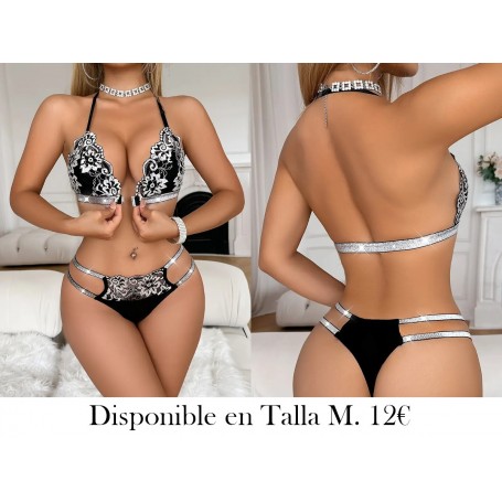 Conjunto de Lencería con Encaje a Contraste CONJUNTO LENCERIA NEGRA LENCERIA PLATEADA