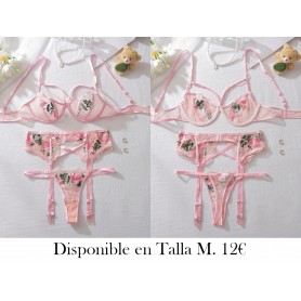 Conjunto de Tres Piezas de Ropa Interior de Malla LENCERIA ROSA