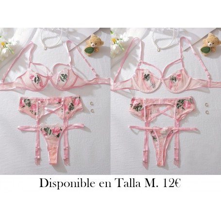 Conjunto de Tres Piezas de Ropa Interior de Malla LENCERIA ROSA