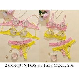 2 piezas Juego de hermoso estampado floral 2 conjuntos de lenceria rosa amarillo