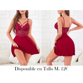 Camisón Sexy de Encaje con Cuello en V  PIJAMA VINO LENCERIA VINO