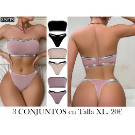 Juego de 3 Body sin Tirantes con Diseño Plateado 3 CONJUNTO LENCERIA STRAPLESS