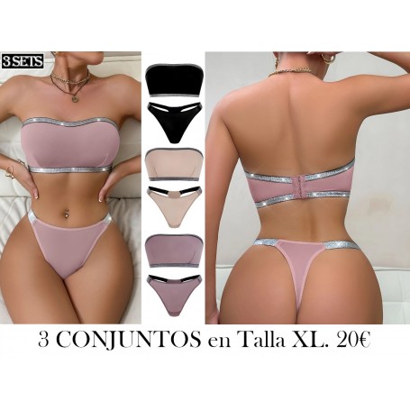 Juego de 3 Body sin Tirantes con Diseño Plateado 3 CONJUNTO LENCERIA STRAPLESS