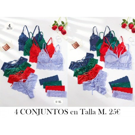 4 piezas Conjunto de Sostén de Encaje 4 CONJUNTOS LENCERIA COLORES